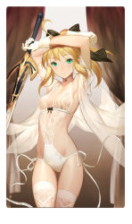 Rule 34 | 1girl, :&gt;, ahoge, armpits, arms up, artoria pendragon (all), artoria pendragon (fate), blonde hair, breasts, caliburn (fate), choker, closed mouth, covered navel, cowboy shot, fate/grand order, fate (series), green eyes, leotard, lingerie, ponytail, saber lily, salmon88, sidelocks, small breasts, smile, solo, sword, teddy (lingerie), thighhighs, underwear, weapon, white thighhighs