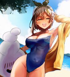 Rule 34 | 1girl, adjusting hair, arm up, atelier (series), atelier ryza, beach, blue sky, blush, breasts, brown eyes, brown hair, cameltoe, cleavage, commentary request, competition school swimsuit, covered erect nipples, covered navel, earrings, facing viewer, hairpin, happy, highres, jewelry, kitsune yuki, large breasts, looking at viewer, multiple hairpins, ocean, off shoulder, open mouth, reisalin stout, school swimsuit, shiny skin, short hair, sideboob, sky, summer, swimsuit, tan, tanline, thighs, upper body