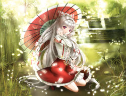 Rule 34 | 1girl, adapted costume, bamboo, bamboo forest, blouse, bow, forest, frills, fujiwara no mokou, hair bow, hand in own hair, kneeling, lens flare, long hair, looking at viewer, nature, parasol, petals, radge, red eyes, shirt, shoes, silver hair, skirt, smile, solo, sunlight, suspender skirt, suspenders, touhou, umbrella, very long hair, water, waterfall
