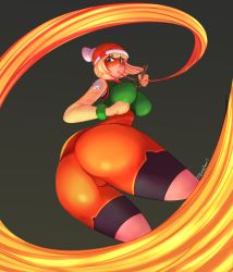 Rule 34 | 1girl, arms (game), ass, beanie, bike shorts, blonde hair, blush, breasts, chinese clothes, domino mask, eating, food, from behind, green eyes, hat, huge ass, large breasts, leggings, leggings under shorts, looking at viewer, mask, min min (arms), noodles, pantyhose, shiny clothes, short hair, shorts, solo, tiger1001