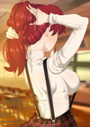 Rule 34 | 1girl, blurry, blurry background, breasts, cheeso art, cum, cum on hair, cum on hand, facing away, from behind, highres, large breasts, light blush, light particles, long sleeves, nape, persona, persona 5, ponytail, red hair, short hair, shoulder blades, sideboob, skirt, suspender skirt, suspenders, tying hair, upper body, yoshizawa kasumi