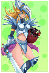 Rule 34 | 1girl, aqua eyes, armor, blonde hair, breastplate, circle, dark magician girl the dragon knight, dragon, duel monster, feet out of frame, green background, highres, holding, holding sword, holding weapon, long hair, midriff, navel, panties, red-eyes black dragon, solo, spiral, sword, underwear, weapon, white panties, yone-chan (kuwm5222), yu-gi-oh!, yu-gi-oh! duel monsters