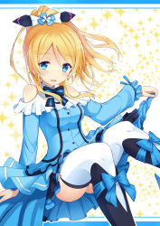 Rule 34 | 10s, 1girl, ayase eli, bare shoulders, blonde hair, blue bow, blue dress, blue eyes, boots, bow, bowtie, clothing cutout, dress, earrings, frilled shirt collar, frills, garter straps, hair ornament, invisible chair, jewelry, kira-kira sensation!, knee boots, long sleeves, looking at viewer, love live!, love live! school idol project, overskirt, parted lips, ponytail, shoulder cutout, shuuichi (gothics), sitting, smile, solo, sparkle, striped bow, striped bowtie, striped clothes, striped neckwear, thighhighs