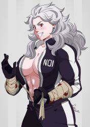 Rule 34 | 1girl, abs, absurdres, artist name, bandages, blood, breasts, cleavage, clenched hand, collarbone, commentary, dorohedoro, ear piercing, earrings, grin, hand wraps, highres, iaranaika, jacket, jewelry, large breasts, long hair, looking at viewer, muscular, muscular female, noi (dorohedoro), open clothes, open jacket, pants, piercing, portuguese commentary, red eyes, simple background, smile, solo, standing, tall, tall female, teeth, upper body, zipper