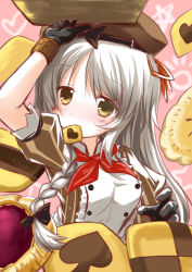 Rule 34 | 1girl, arm up, beret, braid, breasts, commentary request, cookie, flower knight girl, food, food in mouth, gloves, grey hair, hat, highres, izumi yukiru, komugi (flower knight girl), long hair, looking at viewer, portrait, ribbon, side braid, thumbprint cookie, yellow eyes