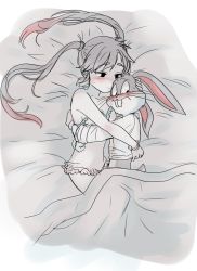 Rule 34 | 1boy, 1girl, animal ears, bed, bed sheet, blanket, blush, body fur, bugs bunny, rabbit, dual persona, furry, furry male, furry with non-furry, genderswap, genderswap (mtf), grey hair, highres, himuhino, hug, humanization, interspecies, looney tunes, rabbit ears, rabbit tail, tail, twintails