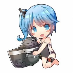 Rule 34 | &gt;:d, 1girl, :d, bare arms, bare legs, barefoot, blue eyes, blue hair, blush, blush stickers, cannon, character name, chibi, disembodied blush, fang, full body, holding, kneeling, legband, looking at viewer, machinery, matching hair/eyes, number tattoo, one-piece swimsuit, open mouth, shenbei xiaoqiu, side ponytail, simple background, smile, solo, submarine, swimsuit, tattoo, thigh strap, u47 (warship girls r), v-shaped eyebrows, warship girls r, watercraft, white background