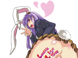 Rule 34 | 1girl, animal ears, ass, bent over, blazer, body writing, female focus, from behind, heart, highres, jacket, long hair, looking back, no panties, one eye closed, ooike teru, pleated skirt, prostitution, purple hair, rabbit ears, rabbit girl, rabbit tail, red eyes, reisen udongein inaba, skirt, smile, solo, tail, touhou, v, wink