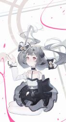 Rule 34 | 1girl, absurdres, animal ears, asymmetrical sleeves, bell, black choker, black sleeves, bow, braid, choker, chromatic aberration, collarbone, commentary, floating hair, gradient horns, grey hair, hair bow, hair ornament, hand up, highres, horns, jingle bell, long hair, low twintails, mismatched sleeves, multicolored horns, original, pantyhose, pink eyes, reiko lape, sitting, solo, symbol-only commentary, twintails, white pantyhose, white sleeves, x hair ornament, yokozuwari