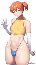 1boy 1girl aqua_eyes asymmetrical_hair bare_shoulders blush breasts bulge covered_collarbone cowboy_shot creatures_(company) crop_top crossdressing elbow_gloves game_freak gen_1_pokemon genderswap genderswap_(ftm) gloves green_eyes gym_leader hand_up highleg highres holding holding_poke_ball looking_at_viewer male_focus misty_(pokemon) nagase_haruhito navel nintendo orange_hair parted_lips poke_ball poke_ball_(basic) pokemon pokemon_(anime) pokemon_(classic_anime) pokemon_rgby ponytail shiny_skin shirt short_hair shorts side_ponytail simple_background sleeveless sleeveless_shirt smile solo standing swimsuit thick_thighs thighhighs thighs thong trap turtleneck twitter_username underwear username waving white_background white_gloves white_thighhighs wide_hips yellow_shirt