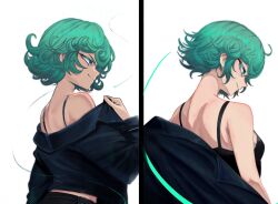 1girl absurdres alternate_costume black_jacket breasts curly_hair from_side green_eyes green_hair hehevich highres jacket long_sleeves multiple_views off_shoulder one-punch_man short_hair simple_background small_breasts tatsumaki upper_body white_background