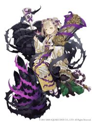Rule 34 | blonde hair, briar rose (sinoalice), floral print, full body, half-closed eyes, highres, japanese clothes, ji no, kimono, looking at viewer, male focus, official art, okobo, platform footwear, sandals, sash, sinoalice, sitting, solo, square enix, stuffed toy, thorns, white background, wide sleeves, yellow eyes, zouri