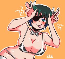 Rule 34 | breasts, chainsaw man, cow print, cow print bikini, highres, himeno (chainsaw man), large breasts, looking at viewer, non-web source, orange background, osulan, print bikini, smile, tongue, tongue out