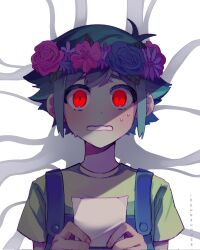 Rule 34 | 1boy, antenna hair, basil (headspace) (omori), basil (omori), blue overalls, clenched teeth, flower, green hair, green shirt, head wreath, highres, holding, holding photo, idawnrunner, looking at viewer, male focus, official alternate eye color, omori, open mouth, overalls, photo (object), red eyes, scene reference, shirt, short hair, short sleeves, solo, spoilers, sweat, teeth, upper body
