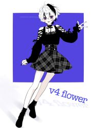 Rule 34 | 1girl, alternate costume, argyle, argyle clothes, argyle skirt, black choker, black footwear, black hair, black nails, black ribbon, black shirt, black skirt, blue background, blush, boots, character name, choker, clothing cutout, commentary, dated, emu (marico w), flower (vocaloid), flower (vocaloid4), frilled shirt, frills, full body, hand up, highres, leaning to the side, long sleeves, looking at viewer, multicolored hair, neck ribbon, open mouth, puffy long sleeves, puffy sleeves, purple eyes, ribbon, shadow, shirt, short hair, shoulder cutout, simple background, skirt, smile, solo, standing, twitter username, two-tone hair, vocaloid, w, white background, white hair