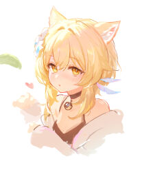 Rule 34 | 1girl, adelie cat, alternate costume, animal ears, bare shoulders, bell, black choker, black tank top, blonde hair, blush, breasts, cat ears, choker, coat, feather hair ornament, feathers, flower, genshin impact, hair between eyes, hair flower, hair ornament, hand up, heart, highres, kemonomimi mode, long sleeves, looking at viewer, lumine (genshin impact), medium breasts, neck bell, open clothes, open coat, open mouth, puffy long sleeves, puffy sleeves, short hair, short hair with long locks, sidelocks, simple background, solo, tank top, upper body, white background, white coat, white flower, yellow eyes