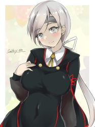 Rule 34 | 1girl, blouse, chitose (kancolle), collared shirt, gakky, grey eyes, grey hair, headband, kantai collection, long hair, official alternate costume, one-hour drawing challenge, ponytail, shirt, smile, solo, white headband