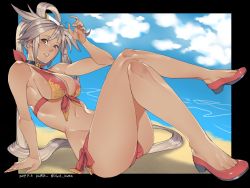 Rule 34 | 1girl, arm support, bare shoulders, bikini, breasts, brown eyes, brown hair, choker, cleavage, commentary request, crossed legs, full body, guilty gear, hair ornament, hand up, highres, kuma (jk0073), kuradoberi jam, lips, long hair, looking at viewer, medium breasts, navel, parted lips, red bikini, red footwear, shoes, signature, simple background, sitting, stomach, swimsuit, thighs