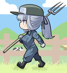 Rule 34 | 1girl, alternate costume, alternate hairstyle, baseball cap, black footwear, black ribbon, blue sky, blush, boots, breasts, chibi, closed mouth, cloud, commentary request, cow, dated, day, fatal fury, fence, full body, gloves, grass, grey hair, grey jumpsuit, hair ribbon, hat, highres, holding, holding pitchfork, itini-sanshi, jumpsuit, large breasts, long hair, long sleeves, looking afar, medium bangs, outdoors, pitchfork, ponytail, profile, red eyes, ribbon, rozen maiden, sky, smile, solo, suigintou, terry bogard, walking, white gloves, wooden fence