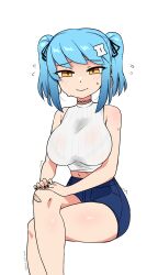 Rule 34 | 1girl, absurdres, bandaid, bandaid on knee, bandaid on leg, blue hair, bra visible through clothes, breasts, choker, closed mouth, crop top, crossed legs, earrings, feet out of frame, hair ornament, hairclip, half-closed eyes, highres, hoop earrings, ii (peps art), invisible chair, jewelry, large breasts, looking at viewer, medium hair, midriff, orange eyes, original, peps art, short shorts, short twintails, shorts, simple background, sitting, sleeveless, sleeveless turtleneck, smile, solo, sweat, sweat stain, sweaty clothes, swept bangs, turtleneck, twintails, white background