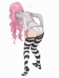 Rule 34 | 1girl, ass, clothes pull, dressing, highres, long hair, one piece, panties, pantyhose, pantyhose pull, perona, pink hair, shirt, simple background, solo, striped clothes, striped pantyhose, underwear, urasanmyaku