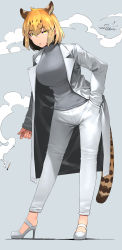 Rule 34 | 1girl, alternate costume, animal ear fluff, animal ears, blonde hair, breasts, cigarette, coat, commentary, dated, extra ears, full body, grey background, grey sweater, hair between eyes, hand in pocket, happa (cloverppd), high heels, highres, huge breasts, jaguar (kemono friends), jaguar ears, jaguar tail, kemono friends, large breasts, leaning forward, long sleeves, looking at viewer, matches, pants, ribbed sweater, shoes, short hair, simple background, sleeves past wrists, smoke, smoking, solo, standing, sweater, tail, turtleneck, turtleneck sweater, white coat, white footwear, white pants, yellow eyes