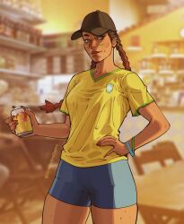 Rule 34 | 1girl, 2022 fifa world cup, absurdres, alternate costume, apex legends, baseball cap, bike shorts, black hat, blue shorts, blurry, blurry background, bracelet, braid, breasts, brown eyes, can, commentary, country connection, dark-skinned female, dark skin, english commentary, gradient hair, hair behind ear, hand on own hip, hat, highres, holding, holding can, jewelry, loba (apex legends), long hair, looking to the side, medium breasts, multicolored hair, nail polish, photo background, red nails, shorts, skindentation, smile, solo, thick thighs, thighs, twin braids, twitter username, vinegar and soda, western comics (style), world cup
