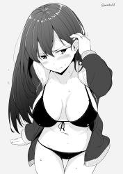 Rule 34 | 1girl, adjusting hair, arm up, bikini, bikini under clothes, blush, breasts, closed mouth, collarbone, grey background, greyscale, hair between eyes, tucking hair, jacket, jewelry, kichihachi, large breasts, long hair, monochrome, navel, open clothes, open jacket, original, ring, simple background, solo, stomach, straight hair, sweat, swimsuit, twitter username