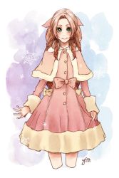 Rule 34 | 1girl, aerith gainsborough, alternate costume, bow, brown hair, buttons, coat, dress, female focus, final fantasy, final fantasy vii, final fantasy vii remake, green eyes, highres, long hair, pink dress, ribbon, solo, square enix, wavy hair, winter clothes, winter coat, yco 030601
