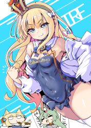Rule 34 | 3girls, :3, akashi (azur lane), alternate costume, animal ears, aqua eyes, azur lane, blonde hair, blue background, blue bow, blue bowtie, blue hairband, blunt bangs, bow, bowtie, breasts, cleavage, clenched hand, commentary request, covered navel, crown, eating, edoara, green hair, hair bow, hairband, highres, long hair, long sleeves, looking at viewer, mole, mole under eye, multiple girls, open mouth, queen elizabeth (azur lane), race queen, small breasts, smile, thighhighs, thighs, two-tone background, warspite (azur lane), white background, white bow, white thighhighs