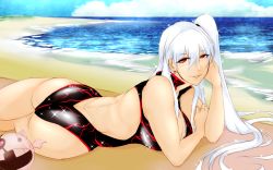 Rule 34 | 10s, 1girl, abyssal ship, aircraft carrier oni, alternate skin color, ass, beach, blush, breasts, butt crack, cleavage, dandara (karakure), earrings, highres, jewelry, kantai collection, large breasts, lips, long hair, lying, outdoors, red eyes, side ponytail, silver hair, sparkle, swimsuit, water