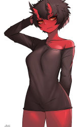 Rule 34 | 1girl, arm behind head, bags under eyes, bare shoulders, black hair, black shirt, closed mouth, colored skin, cowboy shot, fang, fang out, hand up, horns, kidouko (zakusi), looking at viewer, messy hair, off shoulder, oni, oni horns, orange eyes, original, red oni, red skin, shirt, short hair, signature, simple background, smile, solo, standing, white background, zakusi