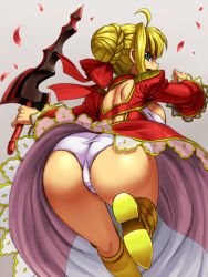 Rule 34 | 10s, 1girl, :d, aestus estus, ahoge, armor, ass, back, back cutout, blonde hair, boots, bow, breasts, clothing cutout, dress, epaulettes, fate/extra, fate/grand order, fate (series), from behind, greaves, green eyes, hair bow, hair bun, holding, holding sword, holding weapon, huge ass, kyouyama (kuromon), large breasts, long sleeves, looking at viewer, nero claudius (fate), nero claudius (fate) (all), nero claudius (fate/extra), open mouth, panties, pantyshot, petals, red dress, shiny skin, short hair, sideboob, single hair bun, skirt, smile, solo, sword, underwear, upskirt, weapon, white panties