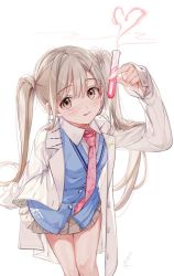 Rule 34 | 1girl, :q, almic, arm up, blush, brown eyes, brown hair, cardigan vest, closed mouth, commentary request, feet out of frame, grey skirt, hair between eyes, hair ornament, hairclip, heart, holding, lab coat, long hair, looking at viewer, necktie, open clothes, original, pink necktie, pleated skirt, signature, simple background, skirt, sleeves past wrists, smile, solo, test tube, tongue, tongue out, twintails, very long hair, white background
