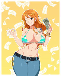 Rule 34 | 1girl, belt, bracelet, breasts, brown eyes, covered erect nipples, curvy, earrings, female focus, highres, jewelry, large breasts, long hair, looking at viewer, money, nami (one piece), narrow waist, navel, one eye closed, one piece, orange hair, saburox, solo, tattoo, tongue, tongue out, underboob, wide hips