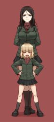 Rule 34 | 10s, 2girls, :d, ^ ^, arms behind back, bags under eyes, black hair, black skirt, blonde hair, blue eyes, breasts, closed eyes, didloaded, closed eyes, fang, frown, girls und panzer, hair between eyes, hands on own hips, highres, jacket, katyusha (girls und panzer), kneehighs, long hair, military, military uniform, multiple girls, nonna (girls und panzer), open mouth, pleated skirt, red background, shoes, short hair, skirt, smile, socks, standing, uniform