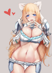 Rule 34 | 1girl, :d, absurdres, arm guards, armor, bikini armor, blonde hair, blue eyes, blunt bangs, blush, bow, breasts, charlotte (fire emblem), cleavage, eyebrows, eyelashes, female focus, fingers together, fire emblem, fire emblem fates, gorget, grey background, hair bow, hands up, heart, highres, kokihanada, large breasts, legs together, long hair, looking at viewer, navel, nintendo, open mouth, pauldrons, shoulder armor, simple background, smile, solo, spikes, standing, stomach, very long hair, white bow