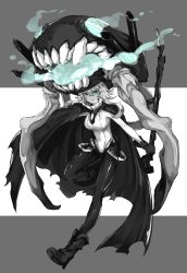 Rule 34 | 10s, 1girl, abyssal ship, bad id, bad pixiv id, bodysuit, boots, cane, cape, collar, colored skin, commentary request, fire, gloves, glowing, glowing eyes, green eyes, highres, kankan33333, kantai collection, monochrome, short hair, solo, teeth, tentacles, white hair, white skin, wo-class aircraft carrier