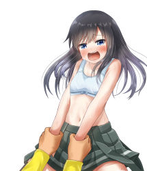 Rule 34 | 1girl, asashio (kancolle), bare shoulders, black hair, blue eyes, blush, bow, bra, comiching, girl on top, highres, implied sex, kantai collection, navel, no shirt, open mouth, simple background, skirt, solo focus, straddling, suspenders, sweat, tears, underwear, white background, white bra