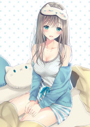 Rule 34 | 1girl, :o, aqua eyes, bare legs, bare shoulders, bed, blanket, blue sweater, blush, breasts, cardigan, cat-shaped pillow, cleavage, collarbone, commentary request, fangs, grey hair, highres, lace trim, long hair, looking at viewer, medium breasts, off shoulder, on bed, original, pillow, polka dot, polka dot background, shirt, short shorts, shorts, sitting, sleep mask, solo, striped, sweater, tank top, ueno tomo, white shirt, yokozuwari