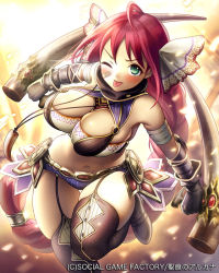 Rule 34 | 1girl, :p, ahoge, bandages, bandaid, bare shoulders, blush, breasts, cherry-chan, cleavage, company name, copyright name, garter straps, gloves, green eyes, impossible clothes, large breasts, long hair, looking at viewer, midriff, one eye closed, red hair, ribbon, seikon no arcana, solo, thighhighs, tonfa, tongue, tongue out, very long hair, weapon, wink
