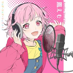 Rule 34 | 1girl, blue overalls, headphones, iwatnc, jacket, long sleeves, looking at viewer, microphone, ootori emu, open mouth, overalls, pink background, pink eyes, pink hair, pink jacket, project sekai, shirt, smile, solo, studio microphone, yellow shirt, zipper