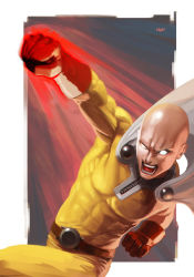 Rule 34 | 1boy, abs, bald, belt, blank eyes, bodysuit, cape, clenched hands, cowboy shot, gloves, glowing, glowing eyes, glowing fist, male focus, muscular, one-punch man, open mouth, punching, red gloves, saitama (one-punch man), serious, solo, white cape, white eyes, wyv1
