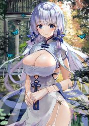 Rule 34 | 1girl, absurdres, azur lane, blue eyes, breasts, bug, butterfly, cleavage, closed mouth, dress, feet out of frame, flower, garter straps, hair flower, hair ornament, highres, holding, illustrious (azur lane), illustrious (maiden lily&#039;s radiance) (azur lane), insect, large breasts, long hair, looking at viewer, mole, mole under eye, official alternate costume, scenery, silver hair, solo, standing, white dress, zyousha333