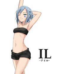 Rule 34 | 1girl, aqua eyes, arm behind back, arm up, armpits, bare arms, bare legs, bare shoulders, black bra, black shorts, blue hair, bra, breasts, character name, commentary request, cowboy shot, facial tattoo, hair ornament, hairclip, highres, il (sugi 214), legs, looking at viewer, medium breasts, navel, one eye closed, original, short shorts, shorts, simple background, solo, strapless, strapless bra, stretching, sugi 214, tattoo, underwear, white background