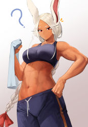 Rule 34 | 1girl, ?, abs, absurdres, alternate hairstyle, animal ears, blue shorts, blue tank top, boku no hero academia, braid, braided ponytail, breasts, dark-skinned female, dark skin, doroti., hand on own hip, highres, holding, holding towel, large breasts, long eyelashes, long hair, looking at viewer, midriff, mirko, navel, parted bangs, parted lips, rabbit ears, rabbit girl, red eyes, shorts, solo, sports bra, sweat, tank top, toned, towel, white hair