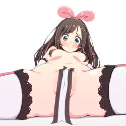 Rule 34 | 1girl, aqua eyes, arm warmers, blush, bow, breasts, breasts apart, brown hair, cameltoe, commentary request, convenient censoring, groin, hair bow, hair censor, hair over breasts, hairband, highres, hino (nanasamib), idol, kizuna ai, kizuna ai inc., long hair, looking at viewer, lying, medium breasts, multicolored hair, nude, on back, partially visible vulva, pink hair, simple background, smile, solo, spread legs, stomach, streaked hair, swept bangs, thighhighs, two-tone hair, underboob, virtual youtuber, white background