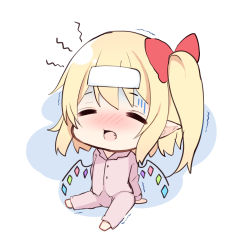 Rule 34 | 1girl, arm support, blush, bow, chibi, closed eyes, commentary request, cold pack, crystal, fang, fever, flandre scarlet, full body, hair bow, highres, miy@, no headwear, nose blush, one side up, open mouth, pajamas, pink pajamas, pink shirt, pointy ears, red bow, shaded face, shirt, simple background, sitting, solo, touhou, trembling, white background, wings
