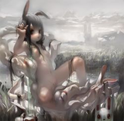 Rule 34 | 1girl, animal ears, breasts, cloud, grass, long hair, md5 mismatch, nipples, nude, original, pussy, rabbit, rabbit ears, shiratsuyu mone, silver hair, sky, small breasts, solo, uncensored, water