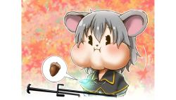Rule 34 | 1girl, acorn, animal ears, chamaji, commentary request, dowsing rod, full mouth, grey hair, hair between eyes, jewelry, mouse ears, nazrin, necklace, puffy cheeks, puffy cheeks, puffy short sleeves, puffy sleeves, short hair, short sleeves, solo, speech bubble, touhou